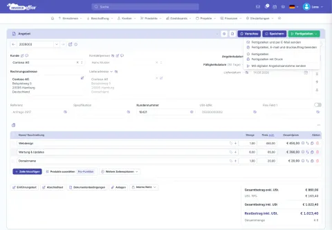 Angebot erstellen in Invoice Office: Angebot 2026003 für Contoso AG mit Webdesign, Wartung & Updates und Domainname und geöffnetem Menü „Mit digitaler Angebotsannahme senden“