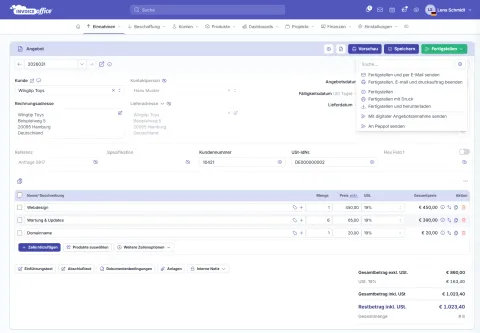 Angebot erstellen in Invoice Office: Angebot 2026003 für Contoso AG mit Webdesign, Wartung & Updates und Domainname und geöffnetem Menü „Mit digitaler Angebotsannahme senden“