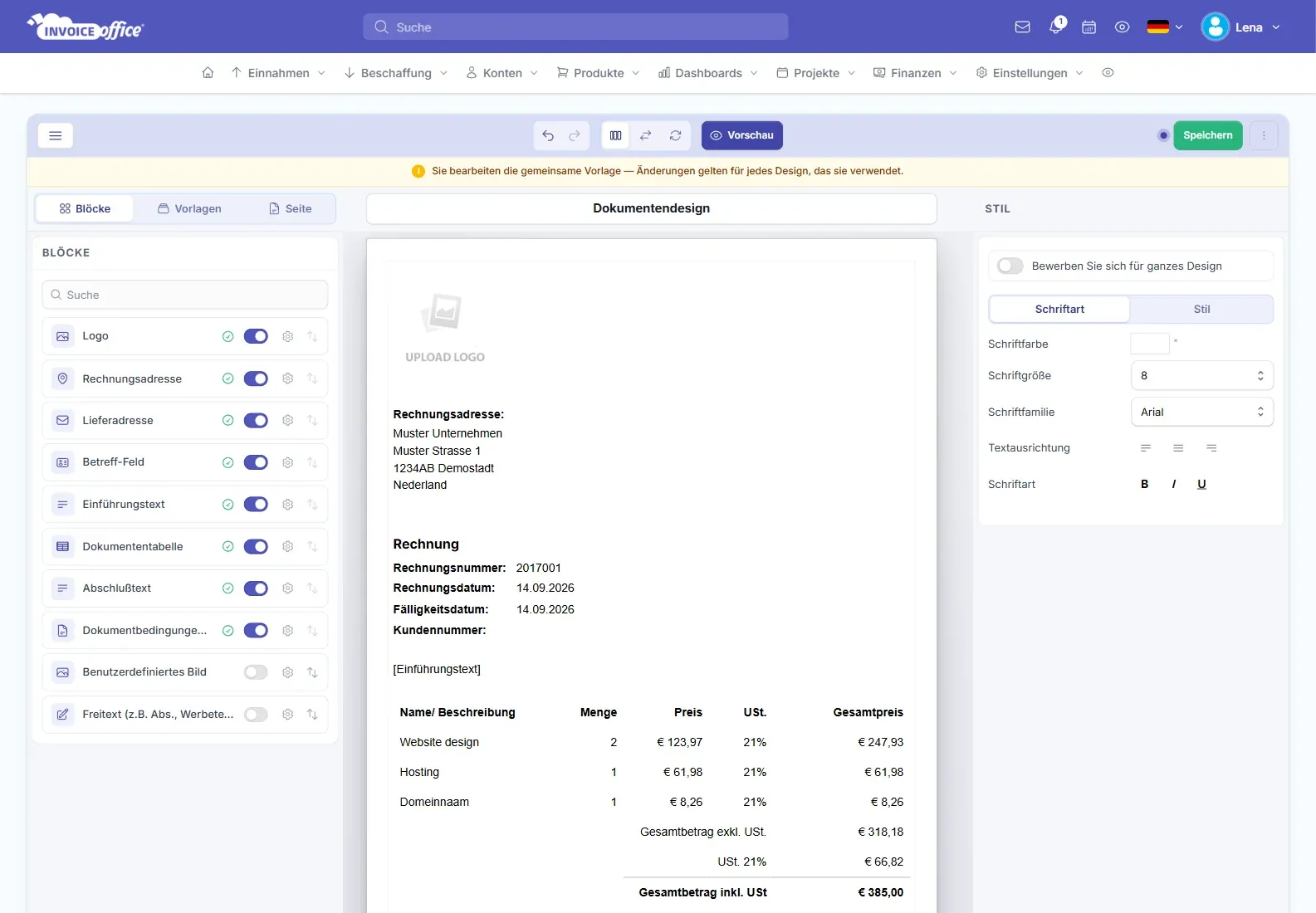 Rechnung im eigenen Hausstil: Dokumentendesign-Editor in Invoice Office mit Blöcken wie Logo, Rechnungsadresse und Dokumententabelle neben der Rechnungsvorschau
