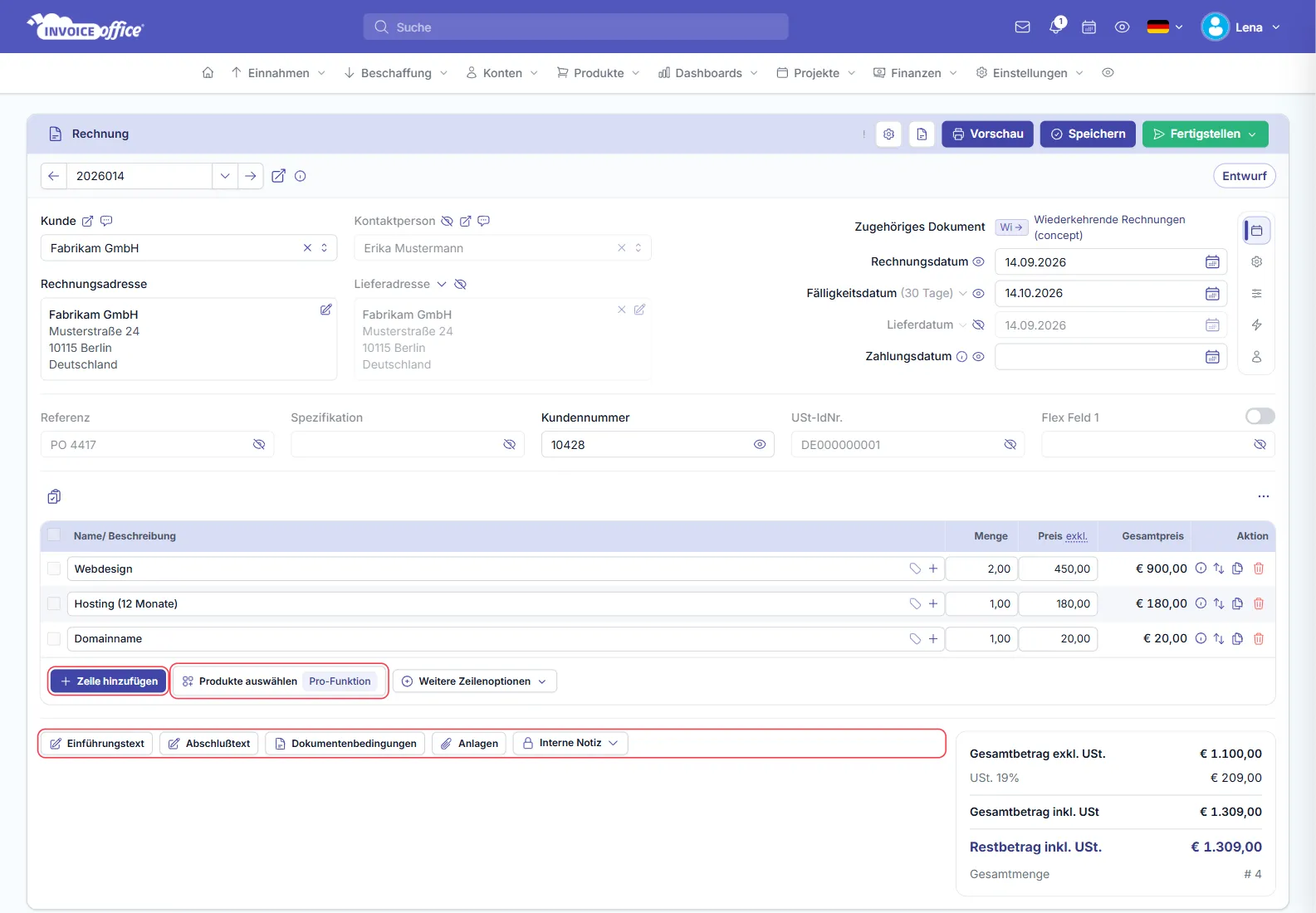 Rechnung schreiben in Invoice Office: Rechnungseditor mit Kunde Fabrikam GmbH, Rechnungsdatum und Fälligkeitsdatum, drei Positionen und dem Gesamtbetrag von 1.309,00 € inkl. USt