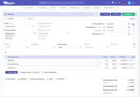 Rechnung erstellen in Invoice Office: Rechnung 2026012 für Fabrikam GmbH mit Webdesign, Hosting (12 Monate) und Domainname über 1.309,00 € inkl. USt.