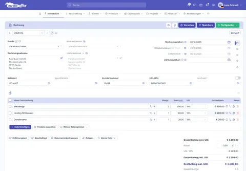 Rechnung erstellen in Invoice Office: Rechnung 2026012 für Fabrikam GmbH mit Webdesign, Hosting (12 Monate) und Domainname über 1.309,00 € inkl. USt.