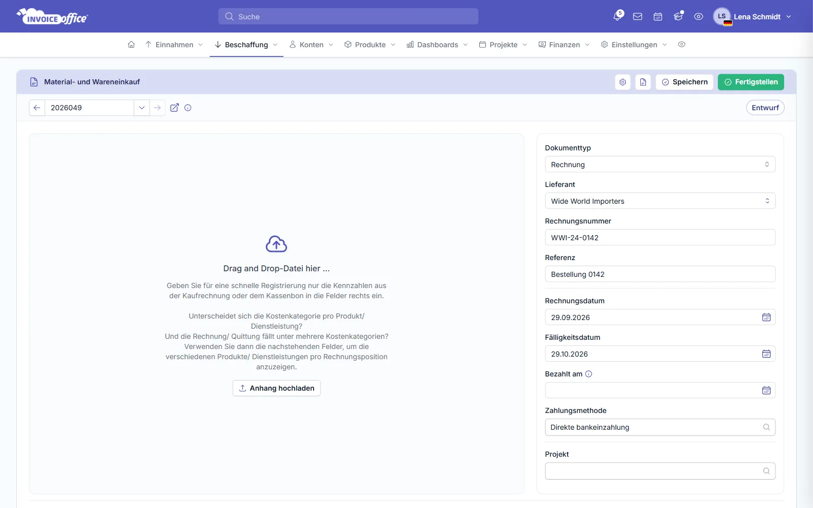Ausgabe erfassen in Invoice Office: Beleg mit Lieferant, Datum und Betrag