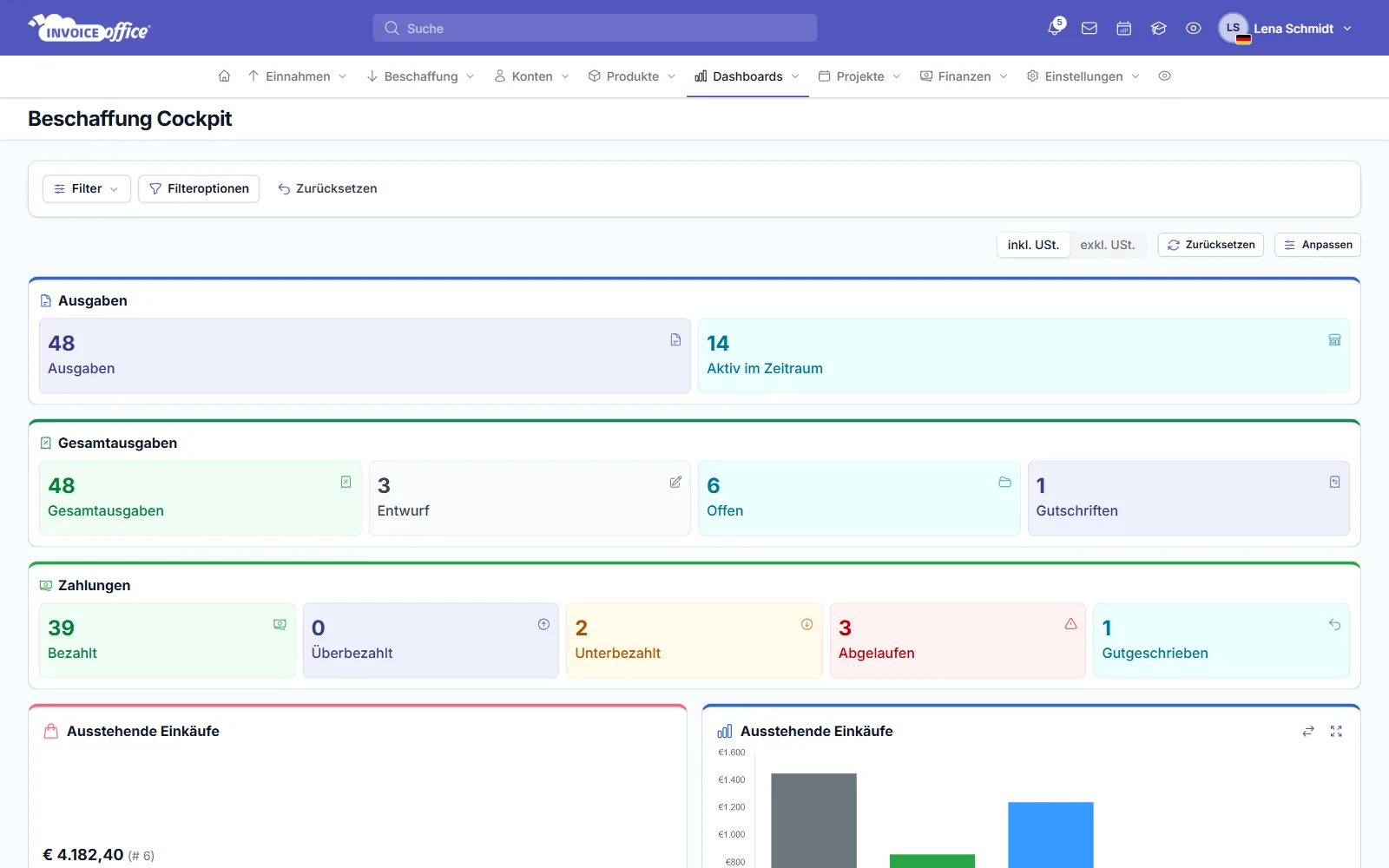 Beschaffungs-Cockpit von Invoice Office: Ausgaben und Kosten im Überblick