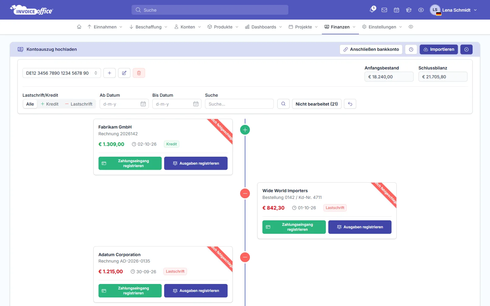 Kontoauszug hochladen und einlesen in Invoice Office