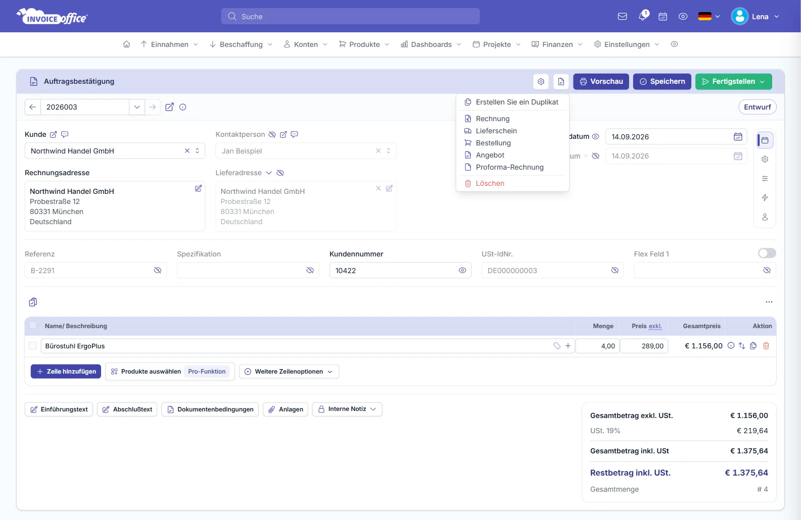 Auftragsbestätigung online erstellen mit Invoice Office