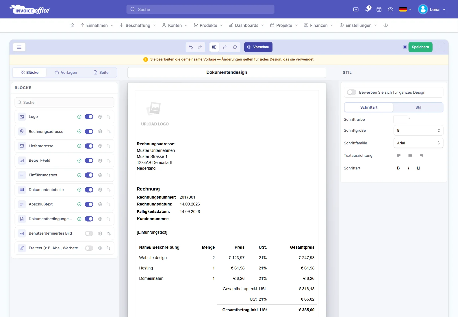 Rechnung im eigenen Hausstil: Dokumentendesign-Editor in Invoice Office mit Blöcken wie Logo, Rechnungsadresse und Dokumententabelle neben der Rechnungsvorschau