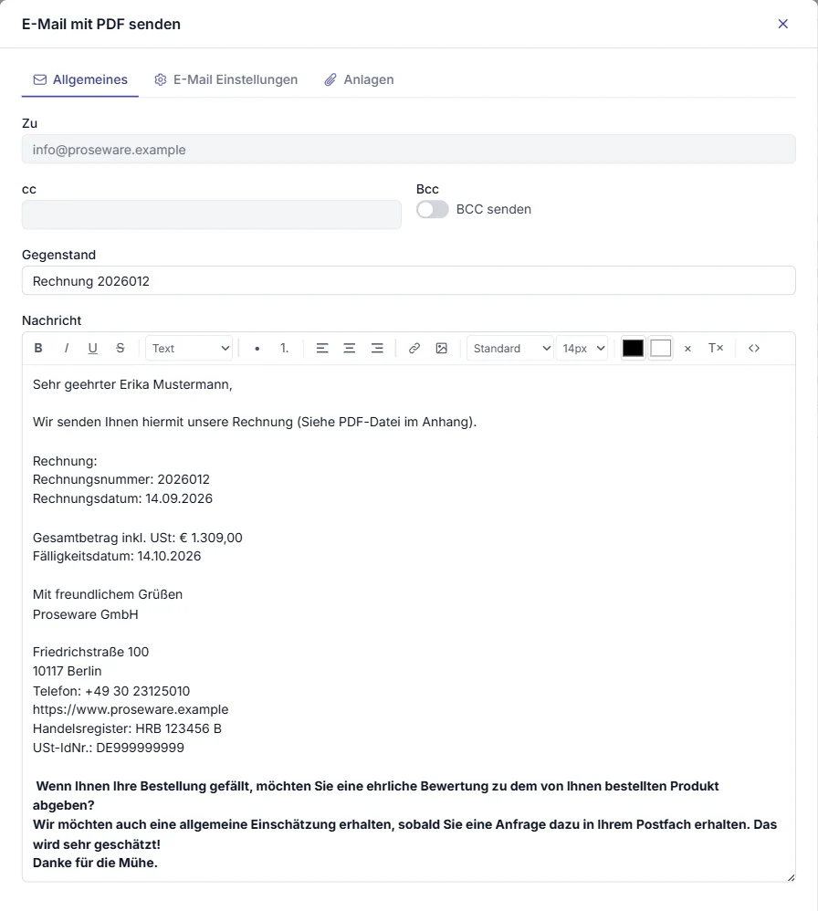 Rechnung per E-Mail senden: Dialog E-Mail mit PDF senden in Invoice Office mit Empfänger, CC, BCC, Betreff und Nachricht