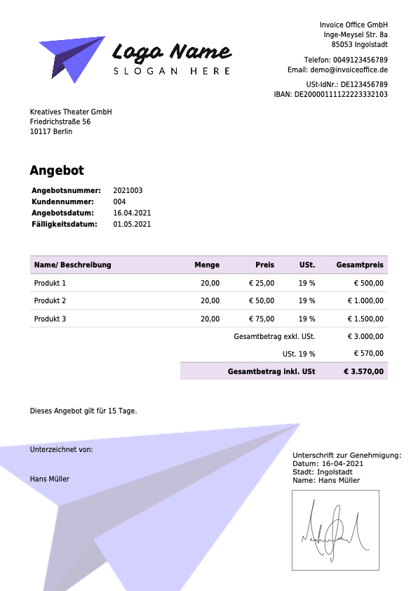 Angebotsvorlage Invoice Office Ein Musterangebot Von Invoice Office